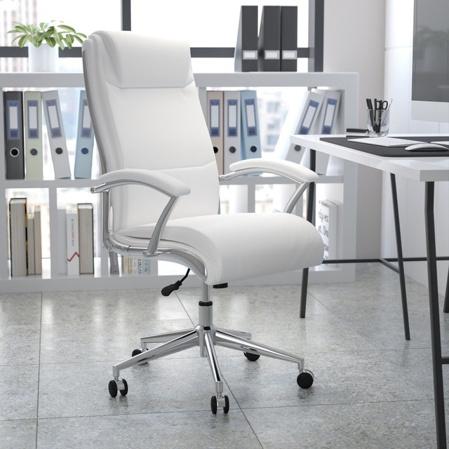 Update your office space with the Flash Furniture Faux Leather High-Back Designer Smooth Executive Office Chair. This dynamic office chair boasts height and tilt adjustments to help you find the most comfortable sitting position. Dual wheel casters make it simple to move around your space.  Recommended for performance use 6-8 hours per day.  Weight capacity tested to support 250 lb.  Overall Dimensions: 47inH x 26inW x 29inD.  High back with headrest.  Faux leather-upholstered office chair.  Padded with CAL 117 fire-retardant foam.  Built-in lumbar support.  Waterfall seat.  Adjustable office chair boasts pneumatic height controls, a tilt lock mechanism and a tilt tension adjustment knob.  Swivel seat.  Chrome base with dual wheel casters.  Assembly required.  Faux Leather is a synthetic material. See specs for details.