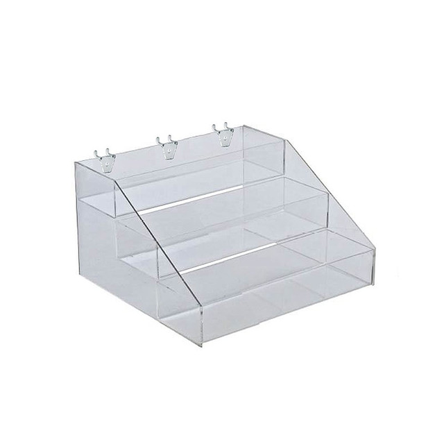 Put items out on display for clients to browse. The clear design helps make each product stand out.  Acrylic construction promotes lasting use.  Steps offer a 3 3/4in depth and have a 2 1/4in lip to help keep items securely in place.  Plastic U-hooks enable easy mounting on a pegboard or slatwall.