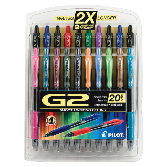 Designed for those who need a reliable writing utensil, the Pilot G2 retractable pens feature gel ink for smooth writing. The rubber-grip Pilot gel pens are ideal for offices where constant writing is a part of the job.  Vibrant gel ink glides across surfaces for effortless writing.  Contoured, latex-free rubber grip for comfort.  Retractable fine point helps preserve ink.  Refillable for extended use.  Water-resistant and smear-proof for long-lasting impressions.  This fine-point pen pack of 20 assorted colors offers great visibility and control.  Refillable - designed to be used repeatedly, helping you avoid single-use disposables and potentially save money.