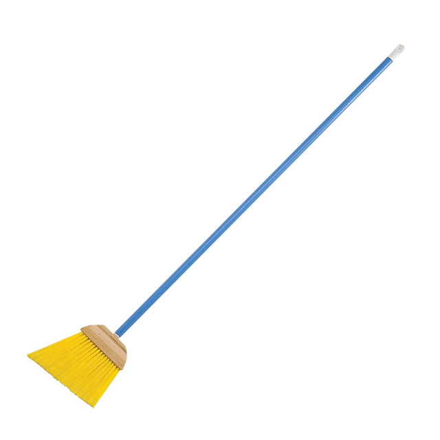 Angular bristles clean corners and other hard-to-reach areas. Tilt-angle broom features a lacquered hardwood block that measures 6-7/16" x 2" x 1-1/16". Metal handle measures 46" long and offers a hole for easy hanging. The 0.035 proex (plastic) yellow 603 filament is stapled at a cut size of 13-5/8".