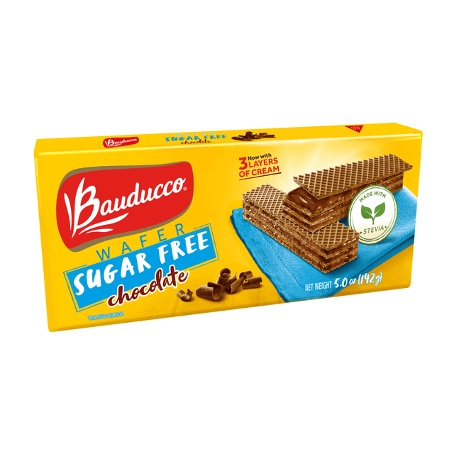 Treat yourself to a delicious snack without all the sugar when you choose these Bauducco Foods Sugar-Free Chocolate Wafers. Sweetened with Stevia, these chocolate wafers will satisfy your sweet tooth.  Sugar-free chocolate wafers are sweetened with Stevia.  Made with 0% trans fat.