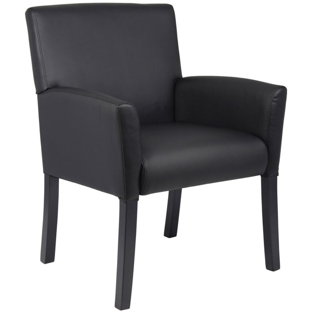 With this stylish chair in your space, you can let your visitors take a load off. The chair features CaressoftPlus upholstery and vinyl to surround you in softness, and the wood legs stand up over time. The lumbar feature supports your lower back and enhances the natural curve of your spine.  Overall Dimensions: 35 1/2inH x 26inW x 27inD.  Weight capacity tested to support 275 lb.  Durable CaressoftPlus upholstery and soft vinyl create a comfortable seat.  Lumbar feature supports your lower back and enhances the natural curve of your spine.  Waterfall seat cushion slopes slightly downward to help reduce stress on your legs.  Finished wood legs offer a stable frame.  Assembly required.
