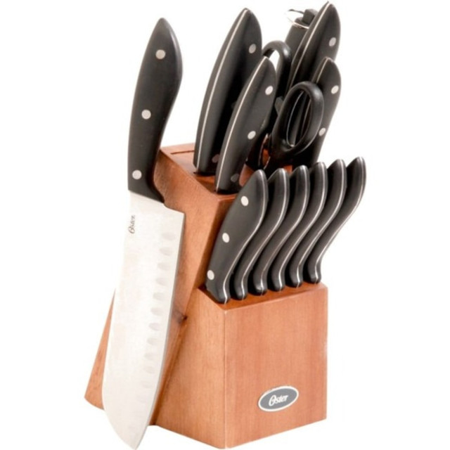 Get meats, vegetables and more prepared with help from the Oster Huxford 14-Piece Stainless-Steel Cutlery Knife Set With Wooden Block. This set comes with a chef knife, a santoku knife, steak knives and more, and the rubberwood block helps keep them stored away.  Stainless-steel, full-tang blades are strong and precision-stamped and resist stains and rust.  Ergonomic handles made of triple-riveted Bakelite for great control.  Mahogany rubberwood block to keep the pieces safely stored.  Hand wash recommended.  Comes with a 7in santoku knife, an 8in chef knife, an 8in bread knife, a 5in utility knife, a 3-1/2in paring knife, six 4-1/2in steak knives, a pair of kitchen scissors, a sharpening tool and a wood block.  Backed by the manufacturers lifetime limited warranty.