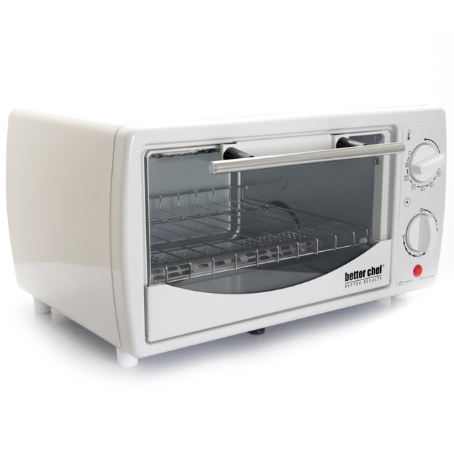 Heat up your favorite snacks with the Better Chef 9-Liter Toaster Oven Broiler. The 60-minute timer will ring to notify you when you food is ready to enjoy.  Includes 1 toaster oven, 1 bake pan, 1 wire rack and a tray handle.  Tempered glass door.  Quartz heating elements.  Utilizes 700 watts of power at 120V/50HZ.  Includes a 60-minute timer with a ready bell.  Backed by the manufacturers 1-year limited warranty.
