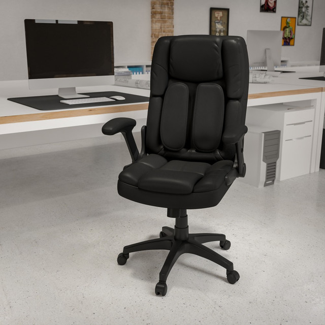 Stay comfortable throughout the workday while seated in the Flash Furniture Extreme Comfort Ergonomic LeatherSoft High-Back Executive Office Chair With Flip-Up Arms. This dynamic chair boasts integrated lumbar support to help prevent muscle aches and fatigue. The high back and headrest offer support.  Ergonomic office chair provides comfort throughout the day.  Recommended for performance use 6-8 hours per day.  Weight capacity tested to support 250 lb.  Overall Dimensions: 47-1/2inH x 26-1/2inW x 28inD.  High back with an integrated headrest.  Leathersoft-upholstered back and seat.  Outer lumbar supports.  Padded with CAL 117 fire-retardant foam.  Adjustable office chair boasts pneumatic height controls, a tilt lock mechanism and a tilt tension adjustment knob.  Dynamic swivel seat.  Boasts padded flip-up arms.  Heavy-duty nylon base.  Assembly required.  Faux Leather is a synthetic material. See specs for details.