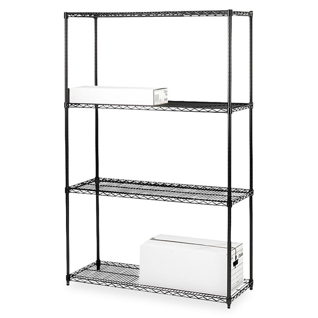 Supports up to 1,000 lbs. evenly distributed per shelf  Each shelf adjusts in 1in increments.  Made of steel with a powder-coat finish, 10-gauge shelf surface, 3-gauge frame, and 6-gauge wave pattern.  Easy collar-and-sleeve assembly requires no tools.  Starter unit includes 4 shelves and 4 posts.  Units can be expanded with use of add-on units and extra shelves. Add-on unit (sold separately) includes 4 shelves and 2 posts.