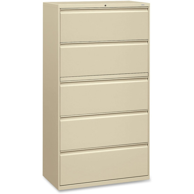 Lateral file includes 4 fixed drawers plus top roll-out shelf with a posting shelf and receding flipper door  File offers clean lines, reinforced case construction, dual side locks for security, and full-width, designer-style handles with magnetic label holders.  Baked enamel finish over rust-inhibiting, phosphate pretreatment for more durability.  Drawers accommodate letter- or legal-size folders from side-to-side with included adjustable hangrails. 3-part, telescoping, ball-bearing suspension delivers smooth drawer operation.  Top roll-out shelf is ideal for binders, end-tab files, standing files or supplies.  Drawers are flush at the top and sides and feature a drawer extension restraint. Mechanical interlock allows only 1 drawer to open at a time.  Also offers 4 adjustable leveling guides for stabilizing and HON One Key interchangeable core removable locks. Lock mechanism secures both sides of drawers.  Certified by SCS to be in compliance with specific indoor air quality emission requirements.  BIFMA level 2 certified - reduced impact from multiple eco-attributes and/or social attributes. Ranked in three tiers: level 1, 2, or 3.  SCS Indoor Advantage certified - meets strict indoor air quality guidelines. Ranked in two tiers: Certified and Gold.  Tested to meet ANSI/BIFMA Performance Standards - Manufacturer testing has been conducted on this product to meet specific performance requirements and safety standards set forth by the American National Standards Institute (ANSI) and the Business and Institutional Furniture Manufacturers.  This product is heavy and/or oversized and may need more than one person to handle.  Less harsh chemicals - made with fewer harsh chemicals, or safer chemicals than typical alternatives, helping  reduce your use of and exposure to substances that may be more harmful to your health and the environment.  Contains Recycled Content - See Specs for Details.