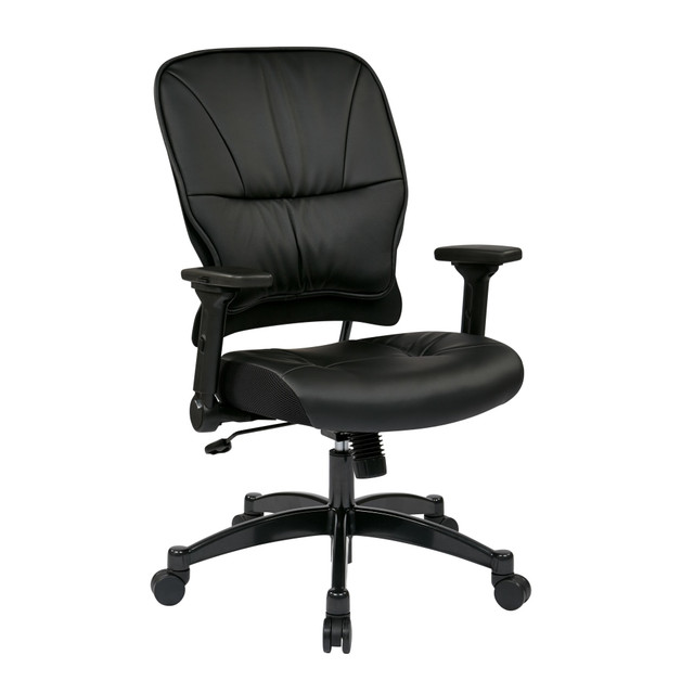 Manage your workflow in this ergonomic office chair. The height-adjustable chair is built for versatility, featuring Synchro tilt control. The mid-back office chair keeps you comfortable thanks to its bonded leather seat and padded arms.  Overall Dimensions: 46inH x 27inW x 27inD.  Ergonomic design allows for comfort throughout the day.  Recommended for professional use 8-10 hours per day.  Weight capacity tested to support 275 lb.  Built-in lumbar support.  Thick, padded bonded leather seat and back.  Pneumatic seat-height adjustment.  2-to-1 Synchro tilt control features adjustable tilt tension and tilt lock.  Angled arms are height adjustable and feature soft, PU padding.  Aluminum base is designed with oversized dual-wheel carpet casters.  Assembly required.  Backed by the manufacturers lifetime limited warranty.