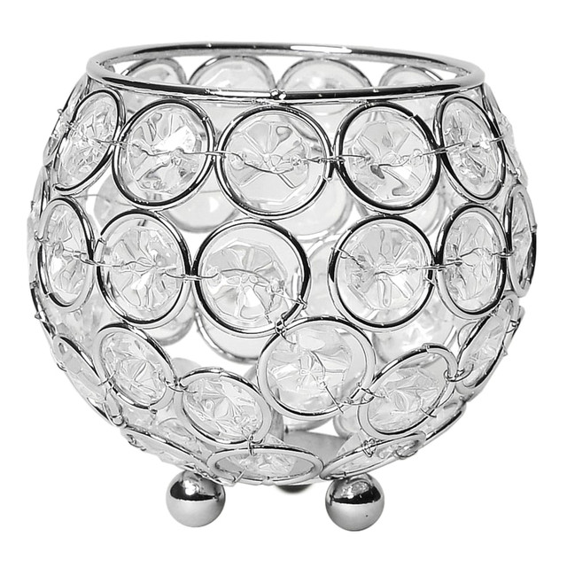 Add some sparkle to your table with this Elegant Designs Elipse Crystal Bowl. Use it in your office as a stylish pencil holder or flower vase, or use it as a fabulous party decoration. The chrome finish and crystals instantly elevate any space.  Round, chrome metal bowl stands out on any table.  Sparkling K5 crystals add a touch of elegance.  3 small pellets elevate the bowl off the table.  Versatile design can function as a pen holder, makeup brush holder, flower vase, candle holder, centerpiece and more.  For candles, its recommended to use battery-operated candles, tea lights or votive candles 3-1/2in or smaller.