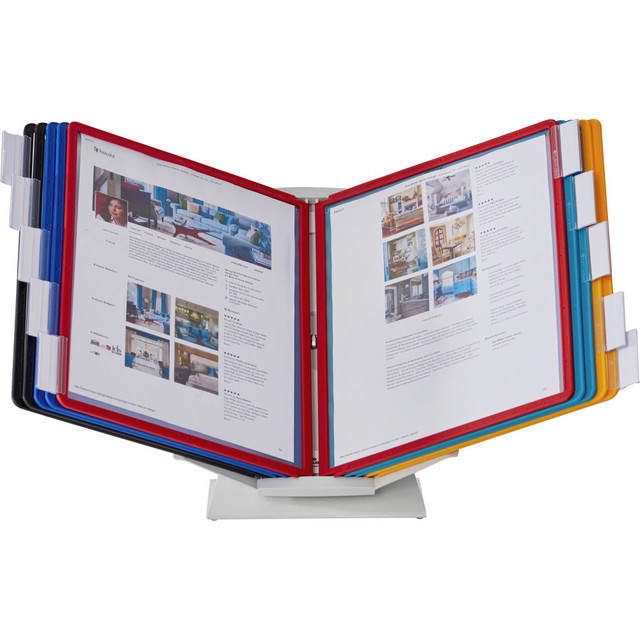Displays up to 20 pages effortlessly  Can be manually adjusted from portrait (vertical) to landscape (horizontal) format.  Dual-function design allows the display to be used either as a desk system or mounted to a wall.  Glare-free polypropylene panels have rugged outer frames.  Includes 10 snap-on panels which can be top- or side-mounted.