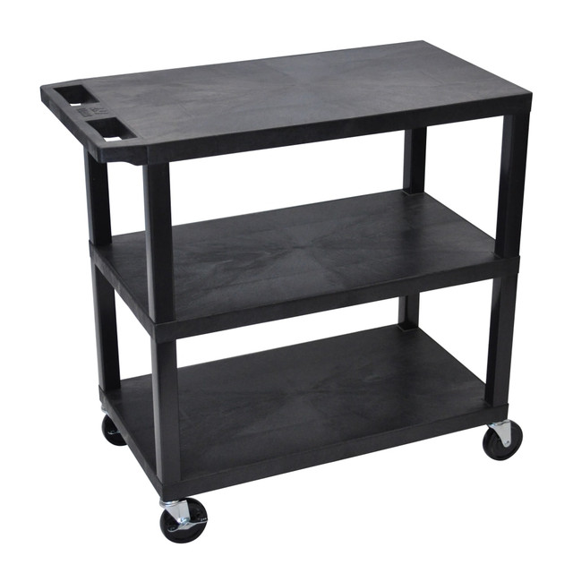Transport materials around your office  Plastic construction for durability.  Assembly required.  3 flat shelves provide ample storage space.  Built-in casters for smooth movement. 2 locking casters keep the cart in place when needed.  Weight capacity tested to support 400 lb.  Contains Recycled Content - See Specs for Details.