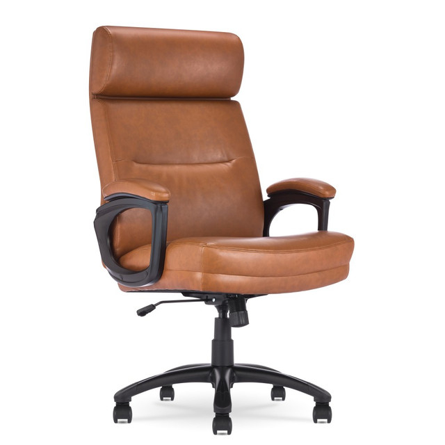 The better you sit, the better you will feel. The Serta Comfort series of office chairs offers a luxuriously cushioned seat, backrest and armrests filled with thick Serta foam and upholstered in a soft breathable bonded leather to keep you cool and comfortable during extended use. This ergonomic office chair seamlessly blends its comfort with sleek design, accented by a single channel tuft. This executive big & tall chair has a high-back design which can be helpful for people who tend to experience discomfort due to long sitting periods. High-back chairs offer upper back, shoulder and neck support and encourages proper spinal alignment by supporting the back in a neutral position which helps reduce muscle fatigue and promotes a better overall posture. The 360 deg. swivel metal base on double-wheel casters glides smoothly across carpets or rugs, and can handle up to 350 lb. Finding your ideal seated position is easy with the 1-touch side lever for convenient height adjustment to match your work style and desk set-up. Whether you are conquering emails or squeezing in work between kid duty and dog walks, the Serta Comfort Executive Big & Tall office chair will transform your home office into a command center of productivity.  STYLISH & PROFESSIONAL: Generously padded for a semi-plush comfort for long hours of sitting. This executive office chair features a single, channel tuft that adds modern detail without compromising on clean lines. Upholstered in a soft bonded leather.  SUPPORTED SITTING: A higher backrest provides support for the entire spine, including the upper back, shoulders and neck. Subtle ergonomic contours offer lumbar support in the lower back and natural mobility in the upper body and arms.  SERTA FOAM & CERTIFICATION: Made with quality non-toxic foam.  DURABLE CONSTRUCTION: Sturdy metal base sits on 360 smooth-rolling casters, with an easy to reach seat-side lever for height adjustment and tilt-lock. Weight capacity tested to support 350 lb.  EASY ASSEMBLY: Step-by-step instructions make assembly simple. 2 people are recommended. Estimated time of 35 minutes.  Overall Dimensions: 49inH x 27-3/4inW x 30-1/4inD.  Backed by the manufacturer"s 1-year limited warranty.  Tested to meet ANSI/BIFMA Performance Standards - Manufacturer testing has been conducted on this product to meet specific performance requirements and safety standards set forth by the American National Standards Institute (ANSI) and the Business and Institutional Furniture Manufacturers.