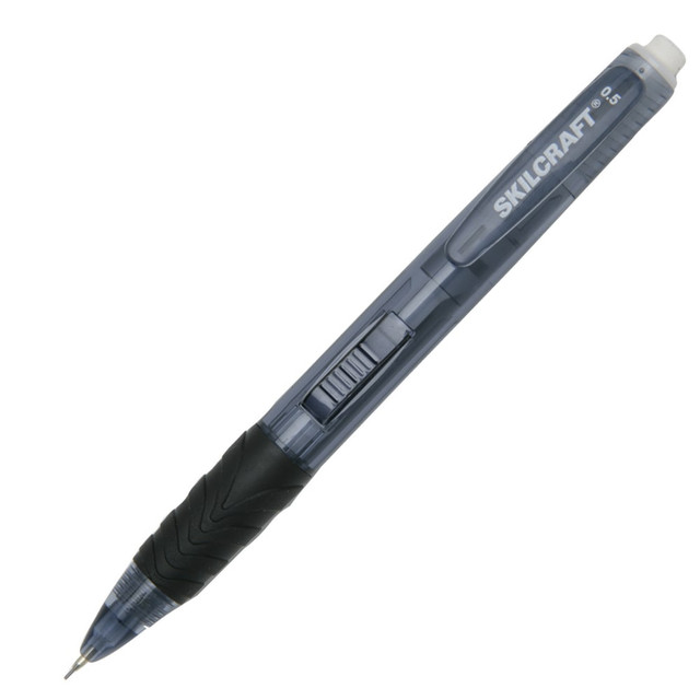 Stay ready during long meetings and conference calls using this SKILCRAFT mechanical pencil. The side-action button makes it easy to advance the lead, so you are always ready to jot down information, even during a fast-paced discussion.  0.5 mm pencil is great for everyday writing tasks.  Side-action push button makes it easy to advance the lead.  Retractable sliding sleeve helps minimize breakage.  Metal pocket clip can be attached to a folder or binder for easy transport.  Spare lead chamber provides added versatility.  Replaceable eraser lets you quickly correct mistakes and remove stray marks.  Box of 6 pencils.
