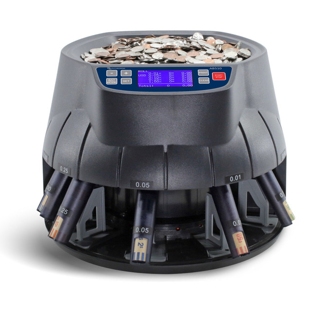 Keep your business running smoothly with an AccuBanker AB510 Sort & Wrap Coin Counter. This currency counter automatically counts, sorts and wraps mixed denomination coins for easy cataloguing.  Counts and sorts coins from 320 to 350 coins per minute.  Hopper capacity of up to 3,000 coins (based on dimes).  Offers 2 operating modes: tray and roll.  Programed for batching to easily bag and sort fixed amounts.  Money counter stops automatically when trays or rolls are full.  Calculates totals by denomination and displays the grand total.  Large, easy-to-read LCD display shows an accurate and detailed breakdown of the count in real-time.  Dual rotating plates rotate in opposite directions to help prevent jamming and errors.  Programmed to accept USD currency.  Includes 5 individual coin trays and plastic coin wraps for each denomination.  CE certified.
