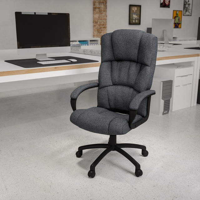 Upgrade your office setup with a Flash Furniture Fabric High-Back Executive Office Chair With Arms. The seat and back are padded with foam for comfort. Utilize the height and tilt adjustments to find your ideal sitting position.  Recommended for performance use 6-8 hours per day.  Weight capacity tested to support 250 lb.  Overall Dimensions: 47-1/2inH x 25-3/4inW x 22-3/4inD.  High back.  Fabric-upholstered office chair.  Padded with CAL 117 fire-retardant foam.  Adjustable office chair boasts pneumatic height controls, a tilt lock mechanism and a tilt tension adjustment knob.  Swivel seat.  Adjustable armrests.  Heavy-duty nylon base with dual wheel casters.  Assembly required.