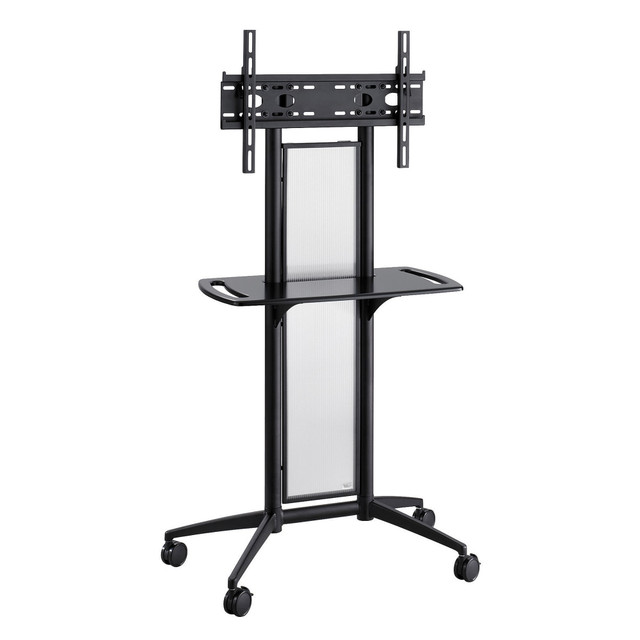 Lets you move your monitor smoothly throughout your work space  Cart holds a monitor up to 42in.  Rolls easily on 4 casters (2 locking).  Steel frame with a powder coated finish and translucent polycarbonate panel.  Total weight capacity is 80 lb.  Each shelf holds up to 5 lb.  Assembly required.  Backed by the manufacturers limited lifetime warranty.  GREENGUARD certified - certified for low chemical emissions: UL.COM/GG - UL 2818. Ranked in two tiers: Certified and Gold.  Less harsh chemicals - made with fewer harsh chemicals, or safer chemicals than typical alternatives, helping  reduce your use of and exposure to substances that may be more harmful to your health and the environment.