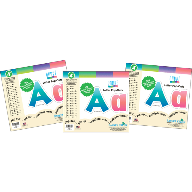 Bring your classroom displays to life with colorful letters, numbers and punctuation marks.  Add these letter and number pop-outs to your bulletin board or poster to make your students excited about their education. The pop-outs are made of sturdy card stock, and the set includes a total of 765 pieces.  Set includes 765 pieces -- includes 3 packages of 255 pop-outs.  Comes with uppercase and lowercase letters, numbers and punctuation in English and Spanish.  Creates fun bulletin boards, displays and wall decorations  Card stock construction offers durability.