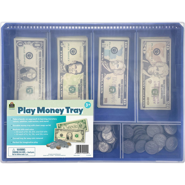 Learn about monetary values, addition and subtraction with the Teacher Created Resources Play Money Tray. Ideal for imaginative play, this set features curved coin compartments for easy coin removal, and it has a snap-on lid allows for easy storage.  Ideal for imaginative play.  Coin compartments are curved for easy coin removal.  Snap-on lid allows for easy storage.  Includes 50 each of $1, $5, $10, $20 bills and 50 each of 1cents, 5cents, 10cents, and 25cents coins.