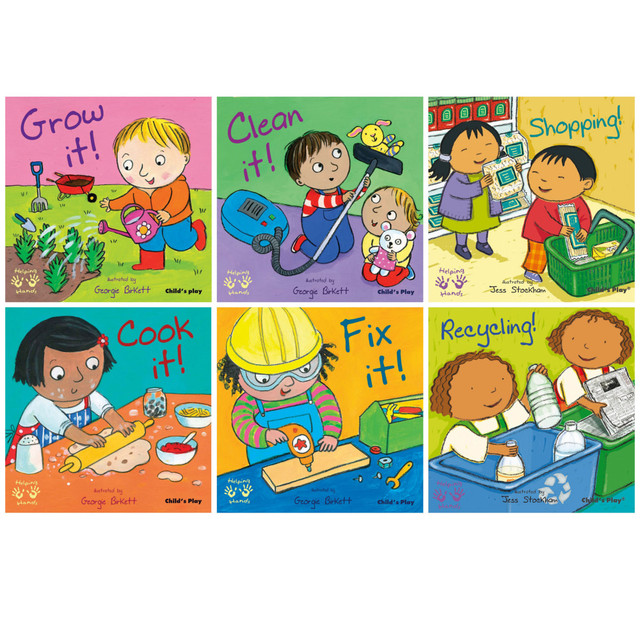 Designed to help young readers understand powerful concepts such as empathy and confidence, the Childs Play Books Helping Hands Board Books 6-Book Set is a fun way to learn. The set contains 6 books, each offering 24 pages and full-color illustrations to keep kids engaged.  Helps children learn about empathy, confidence, self-sufficiency and other important concepts.  Board books each contain 24 pages and are filled with fun illustrations.  Set comes with Grow it!, Clean it!, Shopping!, Cook it!, Fix it! and Recycling! board books.