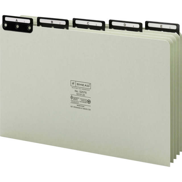 Steel tabbed guides take on your heaviest filing chores, so choose Smead pressboard alphabetic file guides with metal tabs for your large files. These metal tabs are 1/5 cut and placed in assorted positions for easy identification.  Made of 25 pt. pressboard stock.  Tabs are 1/5 cut, assorted positions.  SFI Fiber-Sourcing Certified.  Green, alphabetic file guides come in a pack of 25.  Legal-size 8 1/2ft" x 14ft" file guides are durable and help you stay organized.  Contains Recycled Content - See Specs for Details.
