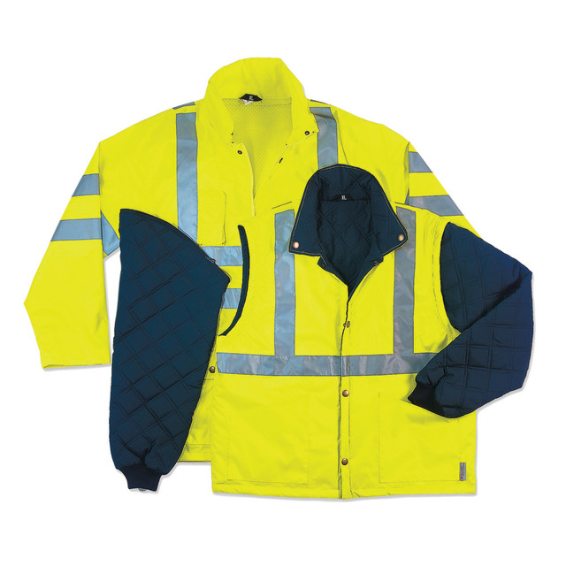 Make sure you stay warm and protected on the job by wearing the Ergodyne GloWear 8385 4-in-1 Jacket. This Type R Class 3 jacket features weatherproof construction and reflective details to help ensure safety during low-light jobs.  Made of weatherproof 300-denier oxford polyester with a breathable PU coating to keep you comfortable.  100 grams of 3M Thinsulate lining on the inner jacket to keep you warm.  2 external front pockets with snap flaps, dual mic tabs for clipping radios and a chest pocket for your phone.  Inner jacket zips out and the sleeves zip off, creating a Class 2 thermal vest.  YKK #5 zippers for secure closure.  2in ANSI-compliant 3M Scotchlite reflective elements help you remain visible.  Inset hood with drawstrings and stoppers.