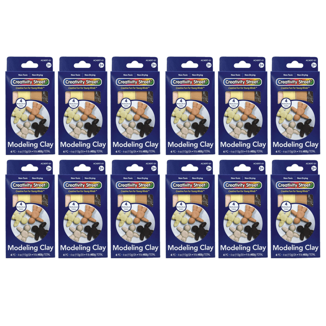 Let inspiration take over when you grab Creativity Street Modeling Clay. This modeling clay is designed to remain permanently soft, helping children and adults manipulate it.  Great for blending, allowing you to create new colors.  Designed to remain soft for continued use.  Non-toxic design.  Comes with twelve 4-color multicultural assortment packs, offering a total of 12 lb of clay.