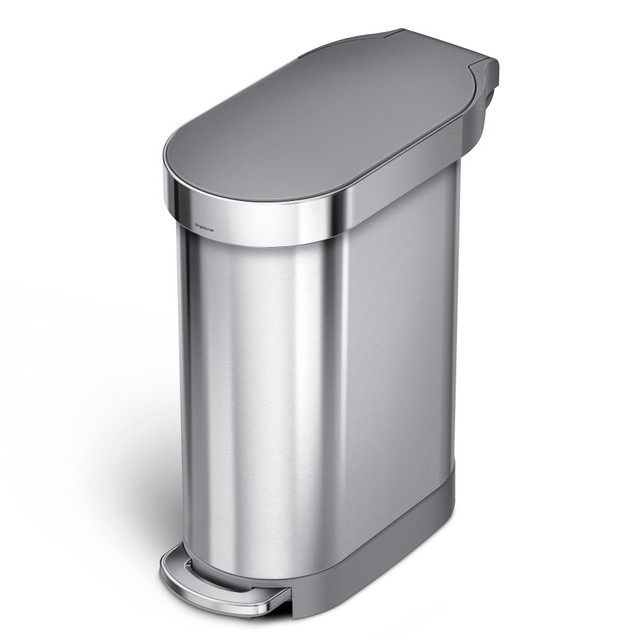 Prevent trash from tainting the professional aesthetic you have created with the simplehuman Stainless-Steel Trash Can. The liner rim locks around your bag to help prevent it from sinking inward under the weight of your trash, and its easy to lift off when this slim trash can is ready to be emptied. With Lid Shox technology, you will enjoy a quiet close along with the smart, space-saving design that takes up little floor space.  Stainless-steel with a fingerprint-resistant finish.  Lid Shox technology promotes a nearly silent close.  Liner rim secures your bag.  Steel foot pedal.  Backed by the manufacturers 10-year limited warranty.  Includes an all natural odorsorb pod that fits discreetly under the lid of your simplehuman can to eliminate trash odors for 45 days.