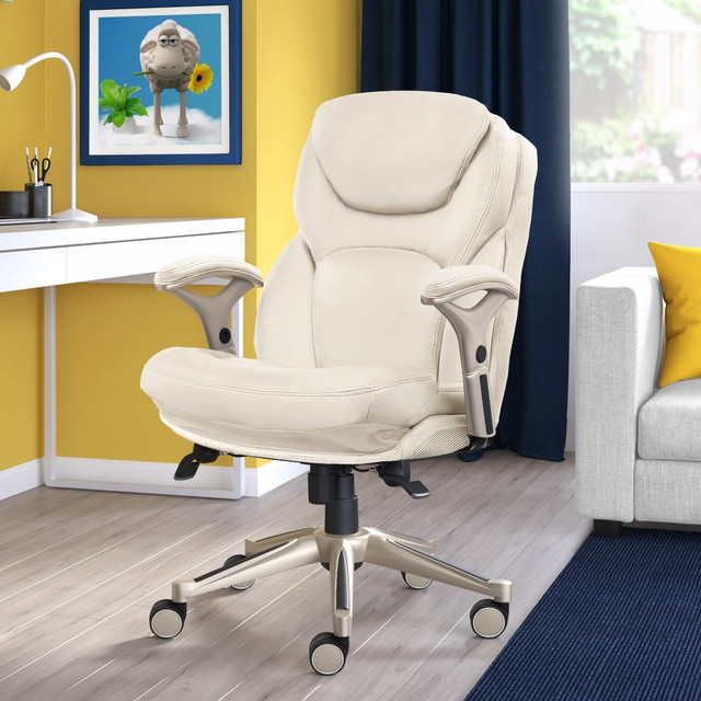 Designed to help you stay comfortable and supported as you work, this chair features lumbar support and deep cushions. Back in Motion technology helps keep your back in a neutral position during long periods of sitting.  Overall Dimensions: 40 1/4inH x 27inW x 30inD.  Weight capacity tested to support 250 lb.  Deep, layered cushions surround you in comfort.  Lumbar feature supports your lower back and enhances the natural curve of your spine.  Waterfall seat cushion slopes slightly downward to help reduce stress on your legs.  Ergonomic back panel features Back in Motion technology, which pivots the lower back forward to keep your back in a positive neutral position.  Height adjusts up and down to suit your needs.  Tilt adjusts to help you find the best sitting angle.  Metal and plywood frame features wheels to help you move the chair around the office.  Swivels to let you look in different directions.  Assembly required.  Tested to meet ANSI/BIFMA Performance Standards - Manufacturer testing has been conducted on this product to meet specific performance requirements and safety standards set forth by the American National Standards Institute (ANSI) and the Business and Institutional Furniture Manufacturers.