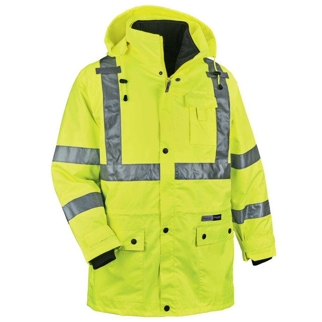 Make sure you stay warm and protected on the job by wearing the Ergodyne GloWear 8385 4-in-1 Jacket. This Type R Class 3 jacket features weatherproof construction and reflective details to help ensure safety during low-light jobs.  Made of weatherproof 300-denier oxford polyester with a breathable PU coating to keep you comfortable.  100 grams of 3M Thinsulate lining on the inner jacket to keep you warm.  2 external front pockets with snap flaps, dual mic tabs for clipping radios and a chest pocket for your phone.  Inner jacket zips out and the sleeves zip off, creating a Class 2 thermal vest.  YKK #5 zippers for secure closure.  2in ANSI-compliant 3M Scotchlite reflective elements help you remain visible.  Inset hood with drawstrings and stoppers.