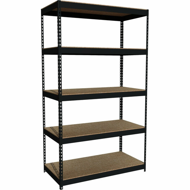 Includes 5 shelves and holds a total capacity of 3,800 lb. - evenly distributed  Heavy-duty, riveted steel construction; shelf made of treated particleboard  Boltless design assembles with rubber mallet in less than 30 minutes  Shelving assembles vertically or horizontally to fit most any space  This product is heavy and/or oversized and may need more than one person to handle.  Contains Recycled Content - See Specs for Details.