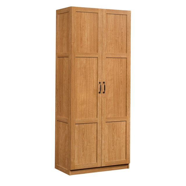 Adding a bit more storage to a room can help you keep things neat and organized. This storage cabinet with doors offers a stylish look as well as expansive space, making it a great addition to just about any part of your home or office. This modern cabinet boasts adjustable shelving for versatile use.  Frame-and-panel doors and sides add an attractive look.  4 adjustable shelves provide space for large items, while a full-width fixed upper shelf is great for clothes and blankets.  25 lb weight capacity per shelf.  Assembly required.  This product is heavy and/or oversized and may need more than one person to handle.