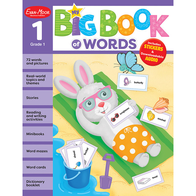 Help your youngster learn to read, spell and more with help from the Evan-Moor My First Big Book of Words. This 192-page book offers a picture dictionary, removable word cards and reward stickers to help them achieve success, and it uses engaging stories and fun activities and games to help maintain their interest.  Helps teach children new words and improve their reading skills.  Offers stories, activities and games for exciting lessons.  Features a picture dictionary, mini books and removable word cards to provide even more educational fun.  Audio read-aloud option will read the directions and stories to the child to help them learn how to pronounce words.  Offers tracing and writing activities to work on spelling and fine motor skills.  Comes with 192 full-color pages and reward stickers.  Features store and party-themed units to teach useful words.