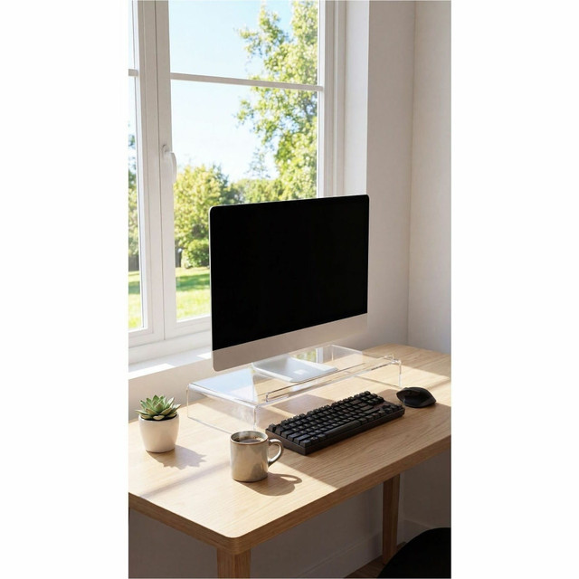 Dimensions: 21-1/4inW x 11-1/2inD x 3-3/4inH  Made of sturdy acrylic construction  Designed to store keyboard while not in use  Supports up to 60 lb.  Raises your monitor to reduce neck and eyestrain and conserves desktop space