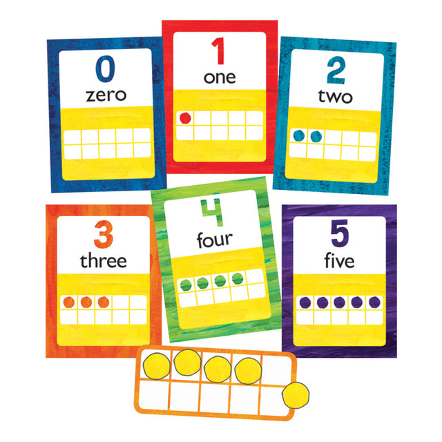 Bring the world of Eric Carle to your classroom with this bulletin board set. This collection of visuals helps promote counting and number recognition.  43-piece set teaches numbers 0 through 20 as numerals, words and has 10 frames.  Features the iconic style of Eric Carle.  Can create several small displays or 1 large display.  Counters and 10 frames promote interactive learning opportunities.  Recommended for Pre-K through 2nd grade.