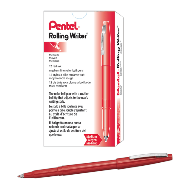 The exclusive Cushion Ball Tip of these Rolling Writer pens adjusts to each users writing style, offering comfort and efficiency. Pentel pens with quick-drying ink help you keep your writing looking as it should.  Tip fine tunes, depending on your pressure. For a clean, consistent line - all the time. The sturdy tip applies ink with the smoothness of a fountain pen and the firmness of a ballpoint. Its strong enough to penetrate carbons!  0.8 mm medium point for accurate, fine lines. The 0.8 mm point lays down razor-sharp lines of rich, vivid liquid ink.  Fast-drying ink resists smearing. Velvety liquid ink glides across the page but dries before your hand has a chance to smudge it!  Sleek design - a pleasure to hold. The shiny barrel is contoured for a more natural feel in your fingers. Sure locking cap protects the tip and includes a handy metal pocket clip.  Nonrefillable.  Red-barrel pens offer a bold look.