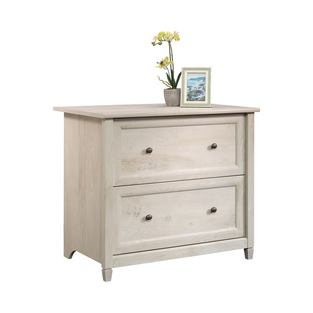 This Sauder Edge Water lateral file drawer is a useful and stylish file cabinet for your office. It can hold both letter- and legal-size files and features a safety mechanism that only allows 1 drawer to open at a time.  Drawers with full extension slides hold both letter and legal size hanging files.  Sauder 2-drawer file cabinet features a patented, interlocking safety mechanism that allows only 1 drawer open at a time.  Lateral file 2-drawer cabinet is made from engineered wood and comes in a chalked chestnut finish.  Assembly is required.  Drawers with full extension slides hold letter or legal-size hanging files  Chalked Chestnut  This product is heavy and/or oversized and may need more than one person to handle.