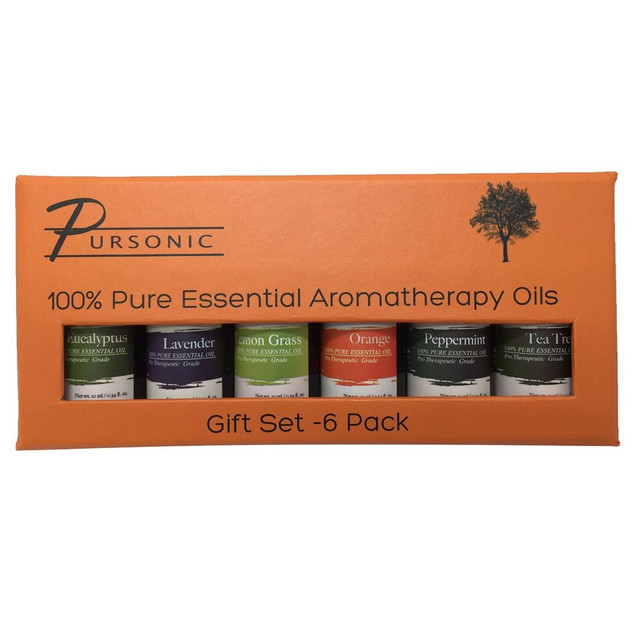 Help your emotional, physical, mental and spiritual states with the Pursonic 100% Pure Essential Aromatherapy Oils 6-Pack Gift Set. The set includes 6 different aromas that are sure to help you keep calm and relaxed.  Compatible with aroma diffusers and many humidifiers.  Comes with Tea Tree, Lavender, Eucalyptus, Lemongrass, Peppermint and Orange aromas.