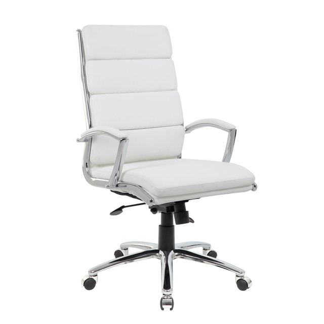 Tackle your to-do list while staying comfortable in this Boss Office Products CaressoftPlus Executive High-Back Chair. The chairs pillow-top design and Caressoft vinyl offer an ultra-plush feel, while the lumbar provides needed support for your lower back. You will be able to find the ideal position when typing, writing or conducting phone calls, thanks to the pneumatic lift adjustment and tilting mechanism. Stay comfortable so you can stay on task with this CaressoftPlus chair.  Overall Dimensions: 47inH x 27inW x 28inD.  Weight capacity tested to support 275 lb.  Lumbar supports your lower back.  Waterfall seat cushion.  Pillow-top design.  Caressoft vinyl upholstery.  Pneumatic seat-height adjustment.  Tilt tension.  Upright lock.  Padded loop armrests.  Assembly required.  White upholstery and chrome base.