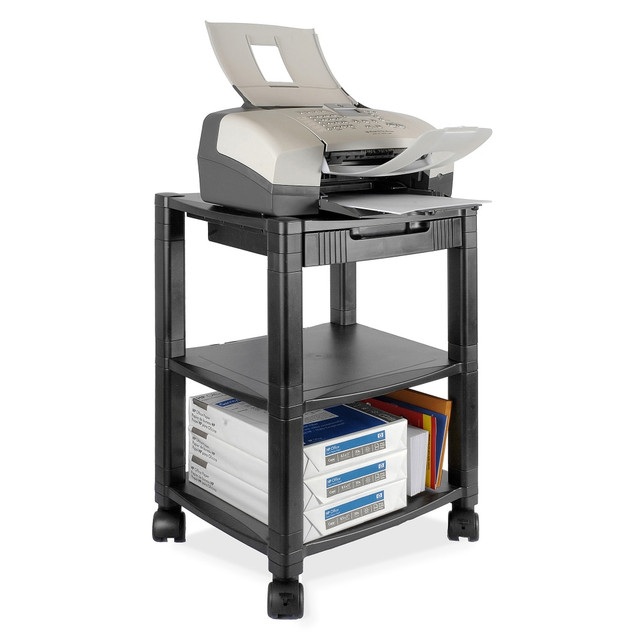 Keep your printer or fax close to your stock of copy paper with the Kantek 3-shelf mobile printer stand. Designed with multiple storage options, the stand features reinforced shelves to accommodate most machines up to 75 lb.  Height adjusts from 19 3/4in to 24 1/4in. Easily adjust the height of the Kantek 3-shelf black mobile printer stand to fit next to or underneath your worksurface.  Design includes an organizing drawer and cable management.  Lower shelves can store paper and supplies.  Rolls easily on 4 casters. 2 locking casters helps keep this Kantek 3-shelf black mobile printer/fax stand securely in place.  Contains Recycled Content - See Specs for Details.