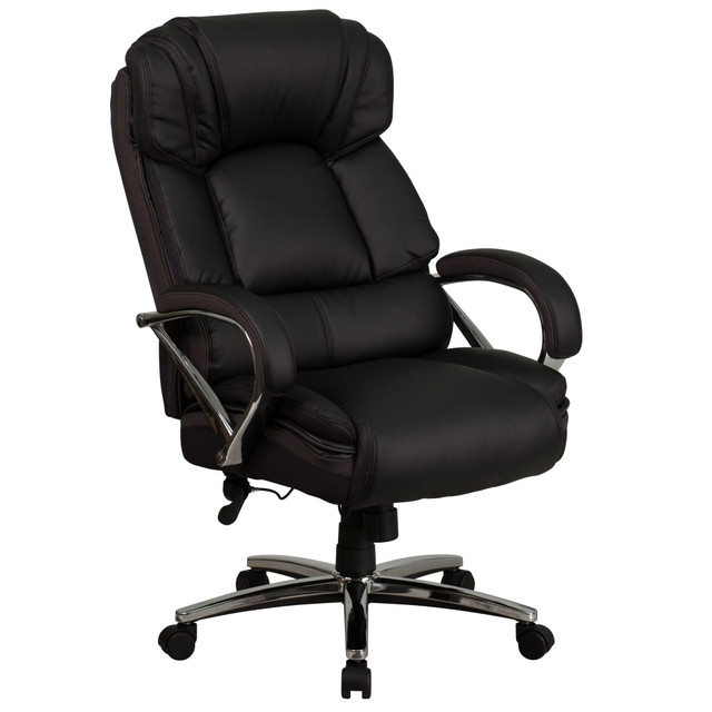 If you need a supportive and durable chair for your office, take a look at this ergonomic option. The chair features built-in lumbar support and a waterfall seat cushion to help keep you comfortable as you get to work.  Overall Dimensions: 44in to 46inH x 27-1/2inW x 32inD.  Weight capacity tested to support 500 lb.  Lumbar feature supports your lower back and enhances the natural curve of your spine.  Waterfall seat cushion slopes slightly downward to help reduce stress on your legs.  Contoured back and seat with LeatherSoft upholstery and mesh trim for comfort.  Seat features 6in thick foam padding that is fire retardant.  Pneumatic seat-height adjustment and a double padded control mechanism allow easy changes.  Tilt tension and tilt lock to adjust the angle.  Padded arms to rest your upper body.  Heavy-duty chrome base with dual-wheel casters for mobility.  Swiveling seat let you reach items behind your desk.  Assembly required.  Tested to meet ANSI/BIFMA Performance Standards - Manufacturer testing has been conducted on this product to meet specific performance requirements and safety standards set forth by the American National Standards Institute (ANSI) and the Business and Institutional Furniture Manufacturers.  Faux Leather is a synthetic material. See specs for details.