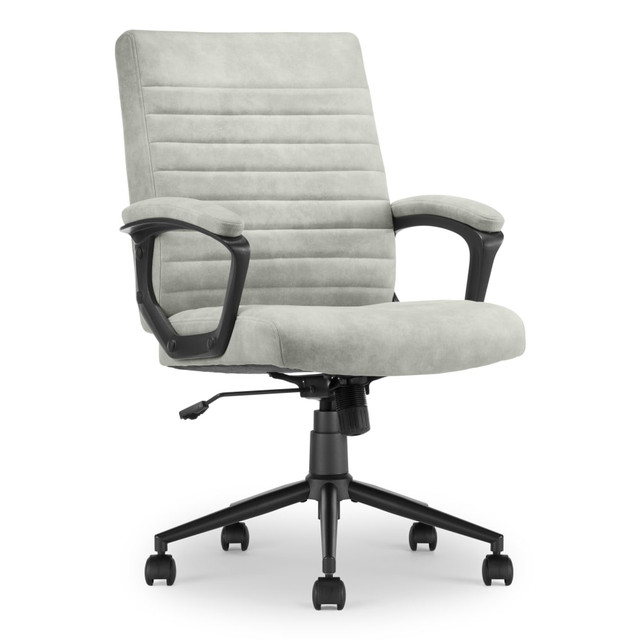 Stay comfortable and relaxed throughout the workday while seated in a Click365 Transform 3.0 Ergonomic Vegan Leather Mid-Back Managers Chair. This durable office chair features a waterfall seat and high-density foam padded for lasting comfort. Adjust the seat height, recline angle and tilt of your seat to find your ideal working position.  Ergonomic office chair provides comfort throughout the day.  Recommended for essential use 0-4 hours per day.  Weight capacity tested to support 275 lb.  Overall Dimensions: 41-1/2inH x 26inW x 28-1/2inD.  Upholstered in durable vegan leather.  Padded with high-density foam.  Waterfall seat helps to reduce pressure.  Adjustable office chair features seat height, recline angle and tilt tension controls.  Integrated padded loop arms.  Metal base with rolling casters.  Assembly required.  Backed by the manufacturer"s 1-year limited warranty.  Tested to meet ANSI/BIFMA Performance Standards - Manufacturer testing has been conducted on this product to meet specific performance requirements and safety standards set forth by the American National Standards Institute (ANSI) and the Business and Institutional Furniture Manufacturers.  Vegan Leather is a synthetic material containing no animal by-products.  See specs for details.