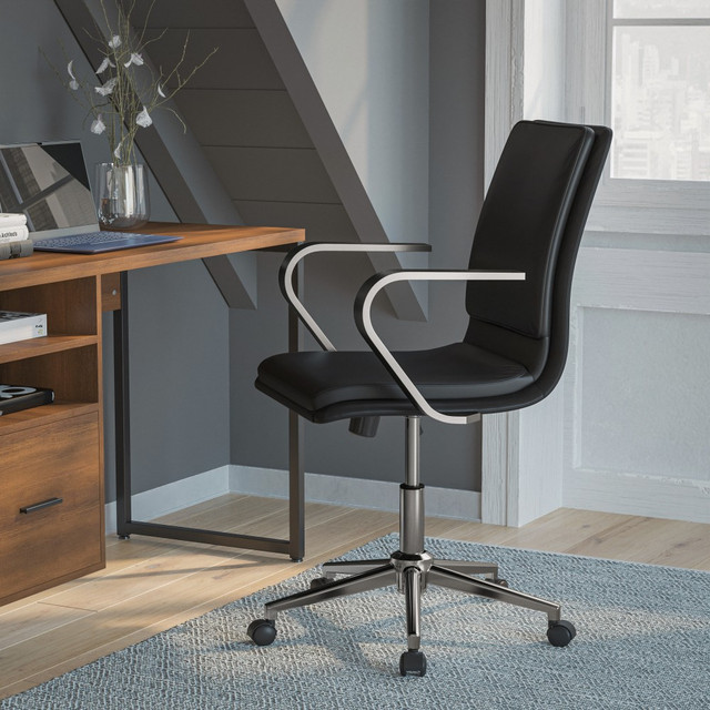 Update the look of your office space with a Flash Furniture James Faux Leather Mid-Back Designer Executive Upholstered Office Chair. Adjust the height and tilt of your seat to find the most comfortable position during your workday. This executive office chair boasts a plush padded seat for ample support.  Recommended for performance use 6-8 hours per day.  Weight capacity tested to support 300 lb.  Overall Dimensions: 40-1/2inH x 26-1/4inW x 26-1/4inD.  Solid wood seat with plush foam padding.  Adjustable office chair raises and lowers in height.  Includes a tilt tension knob.  Dynamic 360 deg. swivel.  Stable curved arms.  Boasts a 5-star base with dual-wheel casters.  Assembly required.  Faux Leather is a synthetic material. See specs for details.