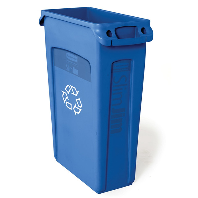 Get tough on messes with this Rubbermaid container with a durable design that neatly contains bottles, cans, cardboard and other items that are ready for disposal. When its time to empty the waste container, integrated venting channels let you pull out a liner quickly and easily.  Commercial Slim Jim container has a space-saving profile that will fit into almost any small space.  Rubbermaid 23 gallon container has the recycling-blue color and the universal recycle logo that is easily identified.  Recycling solution - designed to encourage recycling, helping you divert materials from landfill.  Contains Recycled Content - See Specs for Details.