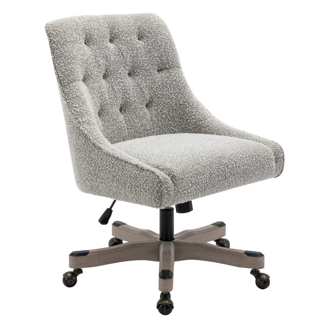Elevate your work space with the comfortable Office Star Tindal Fabric High-Back Office Chair. The high back design offers support, while plush fabric upholstery provides comfort and modern style. Adjust the height and tilt of your seat to find your ideal working position.  Recommended for essential use 0-4 hours per day.  Weight capacity tested to support 250 lb.  Overall Dimensions: 38-3/4inH x 27-1/2inW x 25inD.  High back.  Boucle fabric upholstery.  Button-tufted detailing.  Adjustable office chair boasts seat height and tilt tension controls.  Dynamic 360 deg. swivel.  Arched arms.  Rolling office chair with burnished metal caster caps.  Assembly required.