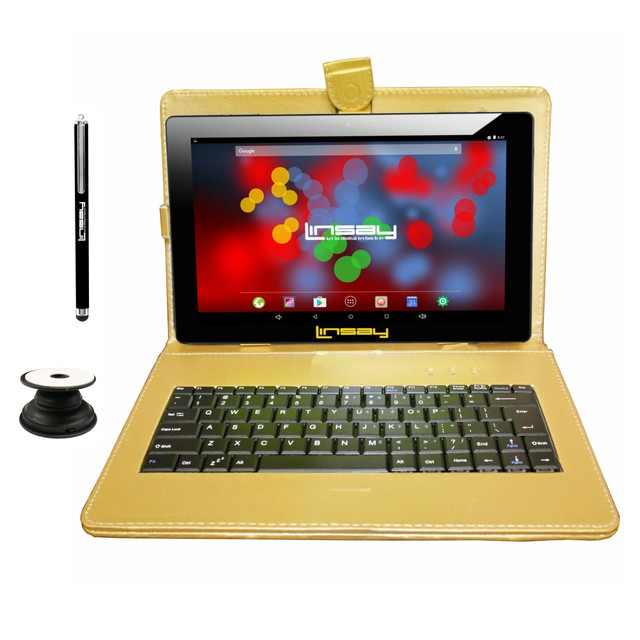 Enjoy your favorite games, movies and TV shows on this Linsay tablet. The 10.1in IPS touch-screen display boasts 1280 x 800 resolution to bring your apps and entertainment to life, while the quad-core processor and 2GB of memory help deliver smooth performance. You can even take photos, videos and chat with family and friends with the front- and rear-facing cameras.  Runs on New Android 13 operating system. Stay connected and productive on the go.  10.1in diagonal display for high-resolution images. Features 1280 x 800 resolution and IPS technology to provide an impressive view from almost any angle.  Powered by a Cortex A7 quad-core 1.2GHz processor.  64GB storage capacity holds your apps and files.  2GB of memory for the power you need.  Wireless-N (802.11 b/g/n) for high performance and cable-free networking. Access wireless networks to collaborate, exchange email and surf the Internet. Work and play on the go.  Micro-USB port lets you connect USB devices.  Stay in touch with the built-in front- and rear-facing cameras.  Enjoy private listening sessions through the 3.5-mm headphone port.  Up to 7 hours of battery life. Battery life will vary depending on the battery configuration, product model, applications loaded on the product, power management setting of the product and the product features used by the customer. As with all batteries, the maximum capacity of this battery will decrease with time and usage.  Weighs only 3 lb and measures just 3.8in thick.  Backed by the manufacturers 1-year limited warranty.  Micro Sd Card Slot support up to 512GB Storage  Includes a 10in Golden Keyboard Case, Pop Holder and Pen Stylus