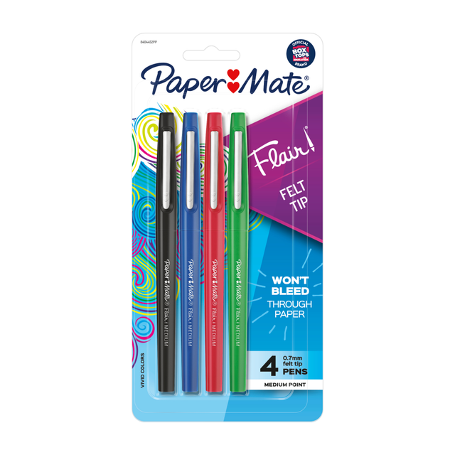 Enjoy a great writing experience every time thanks to a plastic collar that prevents the tip from fraying. These Paper Mate pens use an acid-free, water-based ink that guards against bleed-through, so theres no need to worry about unwanted marks.  Flair porous-point pens are ideal for writing and drawing every day.  Felt tip provides bold and expressive lines that stand out on the page.  Water-based ink wonT bleed through paper. Bright, vivid ink glides on smoothly and dries in a flash to resist smearing and skipping.  Write with ease using a comfortable grip. The sleek barrel tapers at the base for superior comfort and control. A click-seal cap keeps the tip fresh and moist and includes a metal pocket clip that makes it easy to carry.  Acid free for archival use.  Pens are not refillable.  1.0 mm porous-point pens create medium-width lines.  Assorted barrels pens come in a pack of 4.  Conforms to ASTM D4236 standards. For detailed information see www.astm.org.  ACMI Certified AP Nontoxic. For detailed information see www.acmiart.org.  Less harsh chemicals - made with fewer harsh chemicals, or safer chemicals than typical alternatives, helping  reduce your use of and exposure to substances that may be more harmful to your health and the environment.