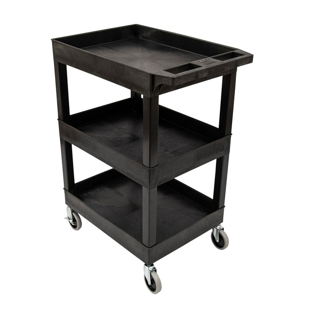 Help prevent back and body strains in your facility with a multipurpose tub cart. Equipped to help you move items safely from room to room, this tub cart offers a variety of storage options and a design thats built to last.  Molded plastic shelves and legs will never rust, dent, scratch or stain  HDPE (high-density polyethylene) shelves; PVC square legs  Shelves safely transport goods in 2.5in deep tubs  Ergonomic push handle molded into top shelf  Four 4in full-swivel casters with two locking brakes  Holds up to 300 lbs.; Made in the USA