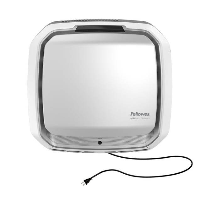 Breathe easily with help from a Fellowes AeraMax Pro AM3R HEPA Air Purifier. The AeraMax air purifier uses 4-Stage H13 True HEPA filtration to eliminate airborne particles, while the antimicrobial HEPA treatment prevents odor. The Fellowes air purifier also uses EnviroSmart technology to track occupancy and air quality in the room its placed in.  4-Stage H13 True HEPA Filtration: Effectively removes at least 99.95% of particles, including allergens like pollen, dust, pet dander, and smoke in rooms 300-550 square feet.  Plug-in Wall Mount: Seamlessly integrates in your space creating whole-room circulation, does not require hardwired electrical installation.  Antimicrobial HEPA Treatment: Applied to the H13True HEPA filter to inhibit the growth of odor and stain-causing microorganisms, extending the filter lifespan.  Monitors Occupancy and Air Quality: The only air purifier that works harder when you need it, powered by EnviroSmart Technology.  Built to Last: Designed and engineered for long-term use backed by 5-year warranty  100+ Years of Innovation: Driven by a commitment to quality, Fellowes is dedicated to developing solutions to help you be at your best.