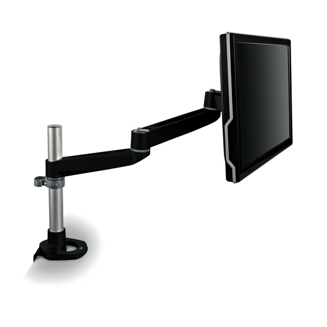 Monitor arm provides 7 1/2in of height adjustability on pole and extends 19 1/2in from the base. Monitor can rotate from landscape to portrait, tilt forward and back and move front to back for optimal viewing. Clamp and grommet mount hardware fits desks up to 2.36in thick. Weight capacity tested to suppport 30 lbs., and monitor size &le;27in, VESA MIS D Compliant.  Provides 7 1/2" of pole height adjustability, 18 1/2" height adjustability from the surface and extends 19 1/2" from the base.  Dual-swivel arm allows for easy adjustment of monitor tilt, rotation and viewing distance.  Clamp and grommet mount hardware fits desks up to 2.36in thick.  For monitors up to 30 lbs. and &le;27in.  VESA MIS-D Compliant.  Backed by the manufacturers 3-year warranty.  3M dual-swivel desk mount provides 7.5in of height adjustability. Extends 19.5in from the base.  Allows monitor to rotate from landscape to portrait for optimal viewing.  Supports an LCD monitor weighing up to 30 lb.  Clamp-mount hardware on the 3M monitor desk mount fits desks up to 4.25in thick. Grommet-mount hardware fits desks up to 2.25in thick.  Have the right tools in place to prepare your workforce to work from anywhere.