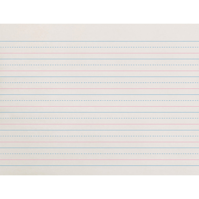 Pacon handwriting paper features a red baseline with a broken blue midline and conforms to Zaner-Bloser ruling guidelines. The 30-lb white midline writing paper helps students find the headline easily.  Broken blue midline paper for grade 1 has a red baseline.  30-lb white newsprint.  Conforms to Zaner-Bloser ruling guidelines.